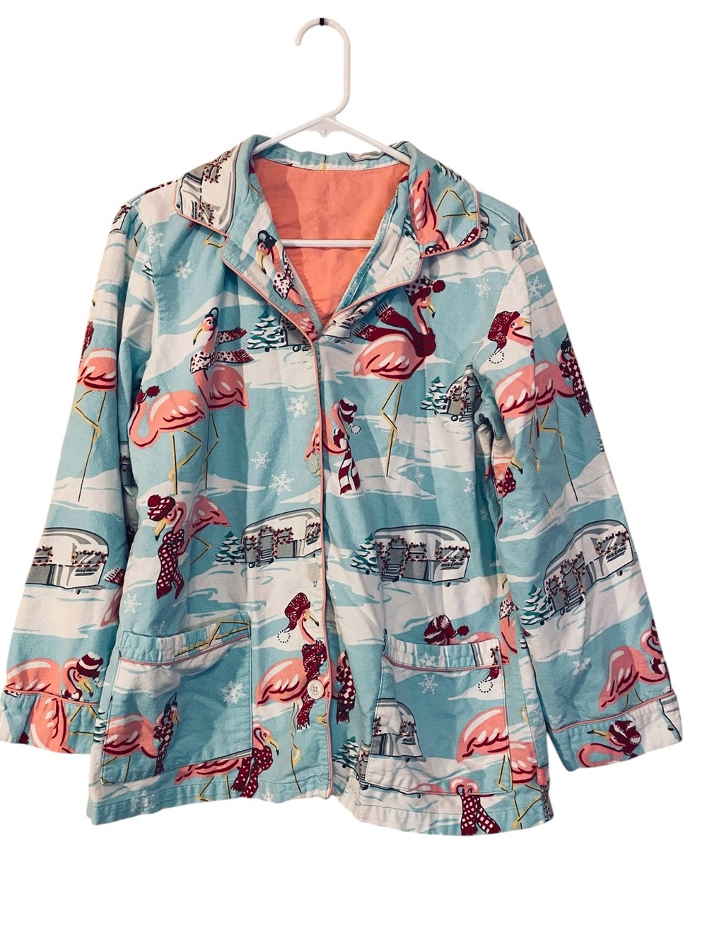 Nick & Nora Women’s Flamingo Winter Pajama Set Medium Aqua Pink Cotton Lounge Sl